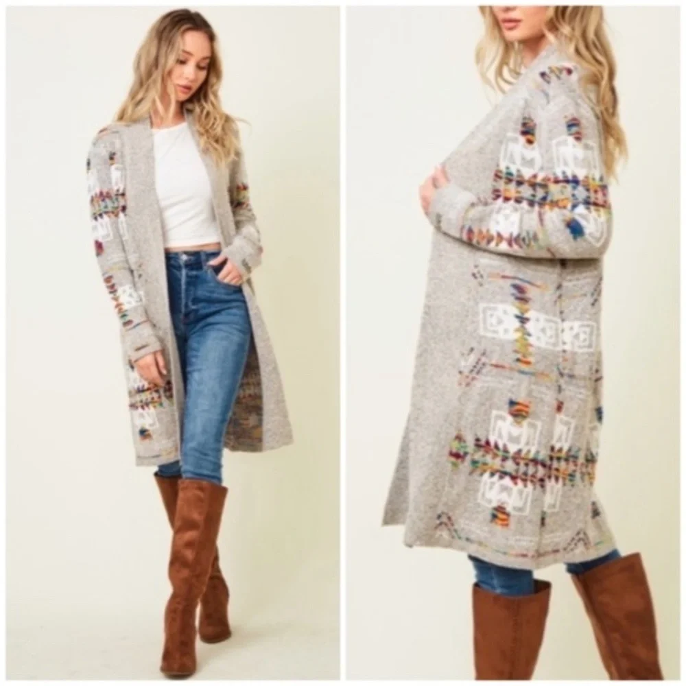 SOLD OUT Oatmeal Rainbow Multi Colored Aztec Tribal Jacquard Open Knit Cardigan - Picture 1 of 10
